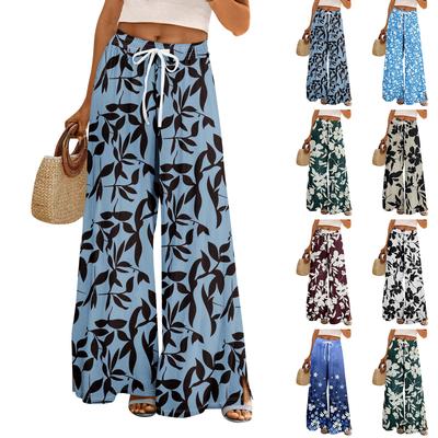 Women Summer Boho Palazzo Pants High Waist Wide Leg Floral Printing Casual Trousers With Pockets