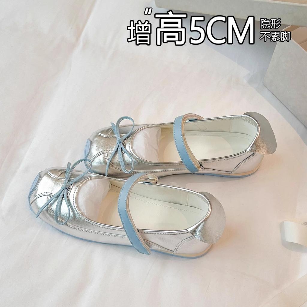 Leather bow inner height increase single shoes outer wear one-word belt women's shoes 2025 popular niche color matching Mary Jane shoes women