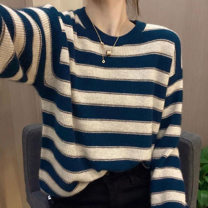 

Корейская мода Осенние свитера Женские с круглым вырезом в полоску Контрастные цвета Офисные женские универсальные пуловеры с длинным рукавом Трикотажные топы XXL