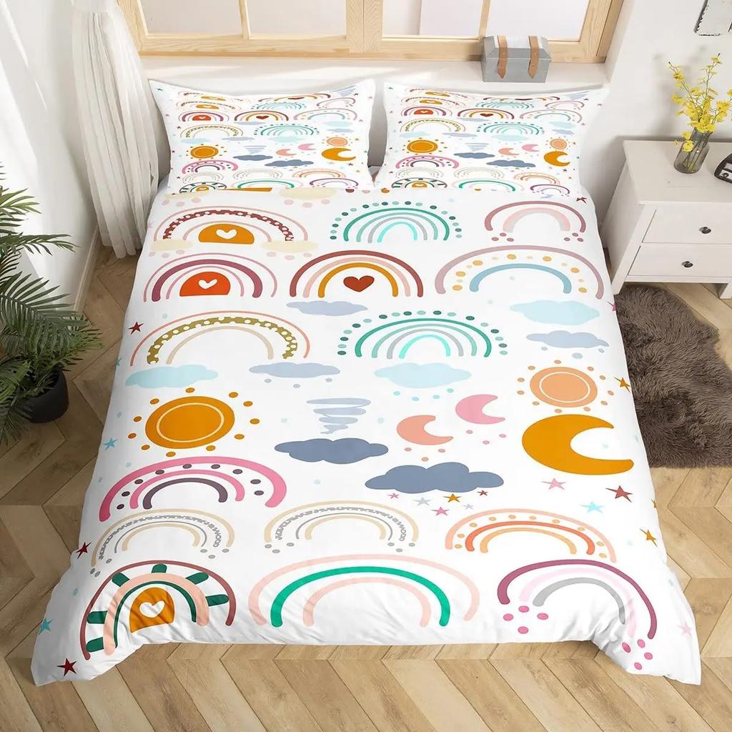 Comforter Rainbow Heart Love Bedding Set Microfiber Colorful Rainbow Clouds Comforter Twin King Size For Kids Girls