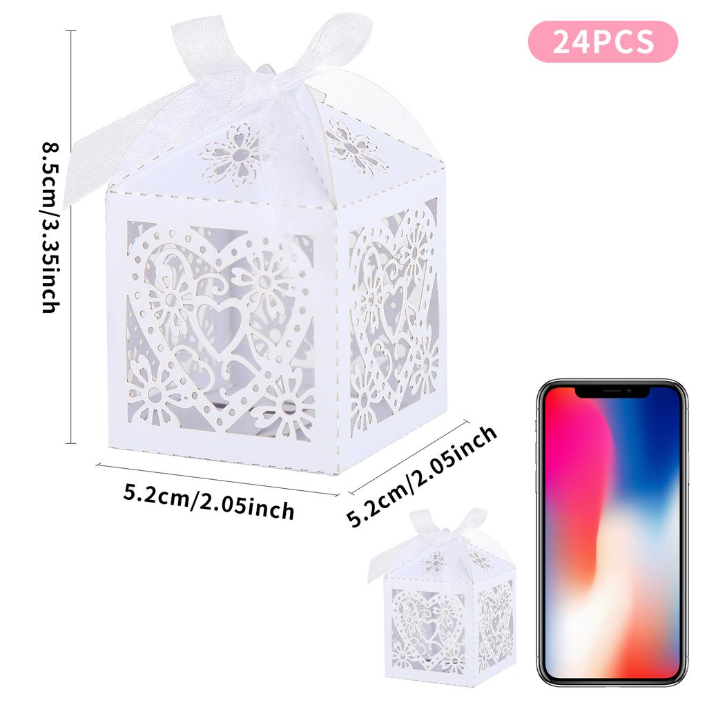 Wedding Favour Boxes 24 Pcs Candy Treat Gift Box with Ribbons Carved Hollow Small Gift Box for Personalised Sweets Communion