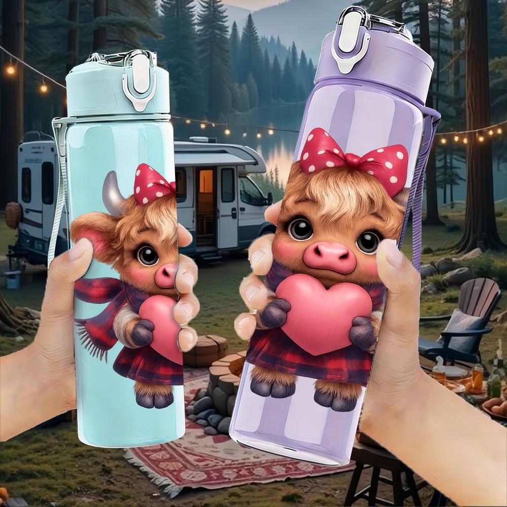 1PC Lovely Cow Heart 750ml Color Plastic Sports Water Bottle Leakproof Flip Straw Lid Suitable for Sports Office Home Use
