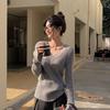 American Retro V Neck Grey Sweater Women Autumn Winter Base Layer Slim Fit Knit Top
