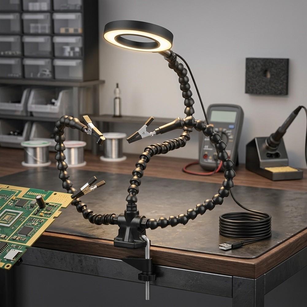 Flexible Soldering Helping Hands with 5-Arm Adjustable Clamp and Built-in USB LED Ring Light for PCB Work and Electronics Repair