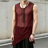 INCERUN Men O Neck Sleeveless See Through Irregular Mesh Sheer Long Tank Tops