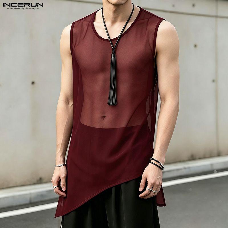 INCERUN Men O Neck Sleeveless See Through Irregular Mesh Sheer Long Tank Tops