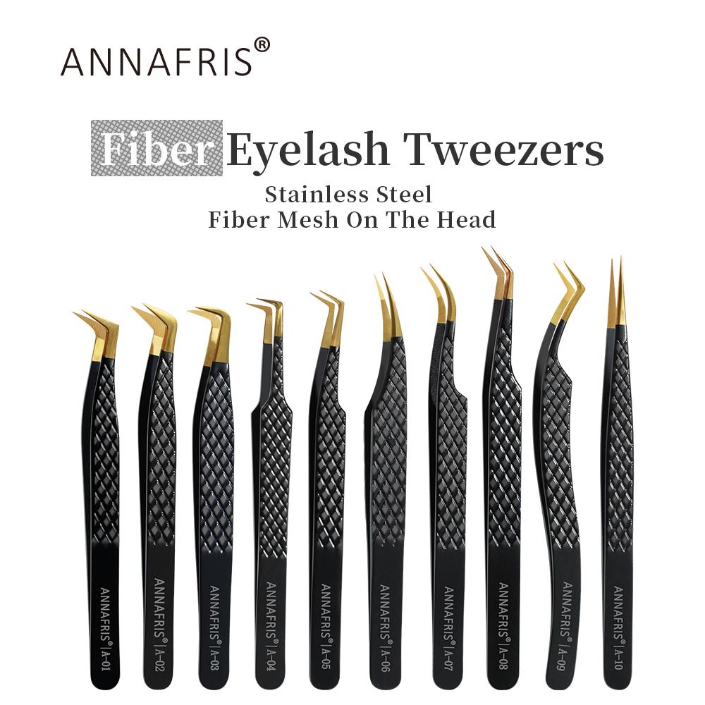 ANNAFRIS High-end Fiber Tip Lash Tweezers Stainless Steel Straight Head Curved Tip Eyelash Extension Tweezer Makeup Tools