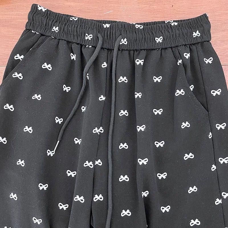 Bow Print Petite High-Waist Wide-Leg Walking Pants for Women