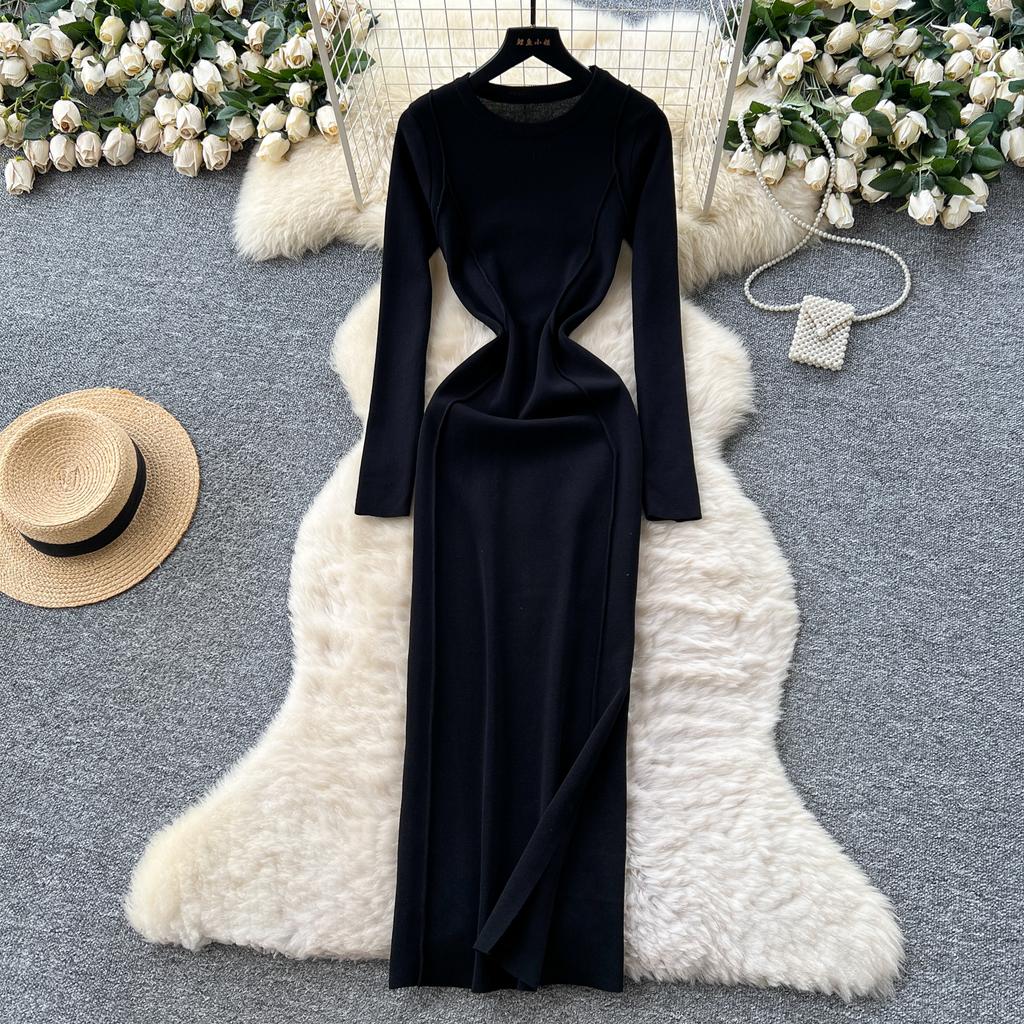 Split Slim Waist Dress for Women Autumn 2025 French Slim Fit and Slimming Elegant Knitted Bodycorn Dresses