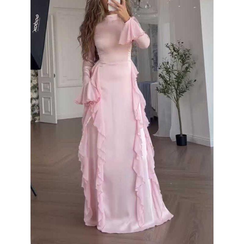 And American Foreign Trade Women's Clothing Cross-Border Amazon Autumn Crew Neck Bell Sleeve Temperament High Waist Slimming Patchwork Dress Women