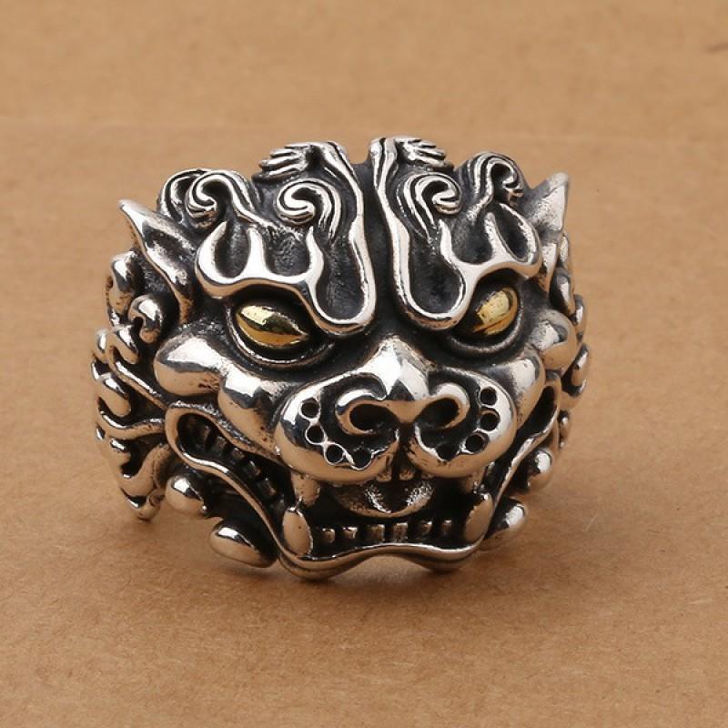 Adjustable Open Ring Men Women Vintage Ethnic Style Pixiu Lucky Charm Plated Statement