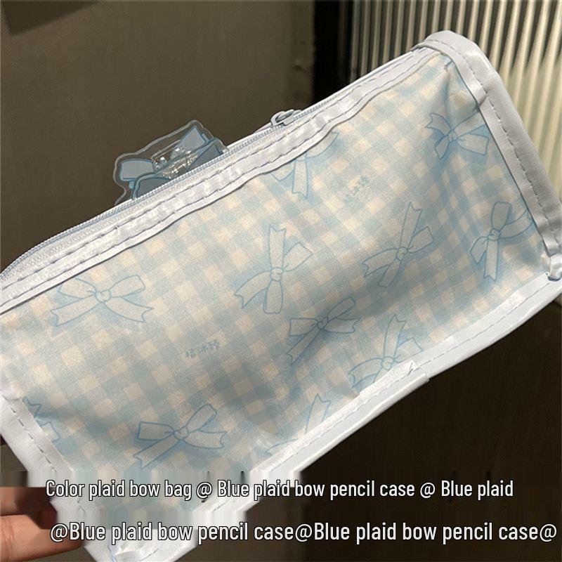Blue Plaid Double-Layer Transparent Pencil Case - Stylish, Spacious, Portable Stationery Storage for Girls