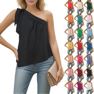 Kadın Yaz Bağlamalı Tek Omuz Düzensiz Kolsuz Bol Gömlek Günlük Üst