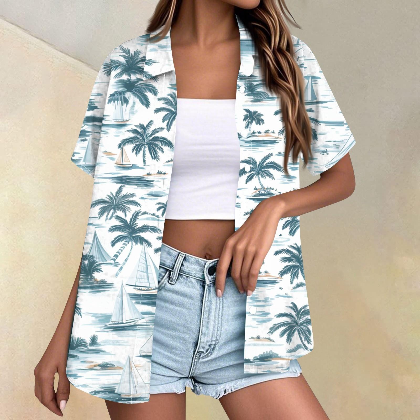 

Женская мода повседневная рубашка с коротким рукавом и лацканами на пуговицах M