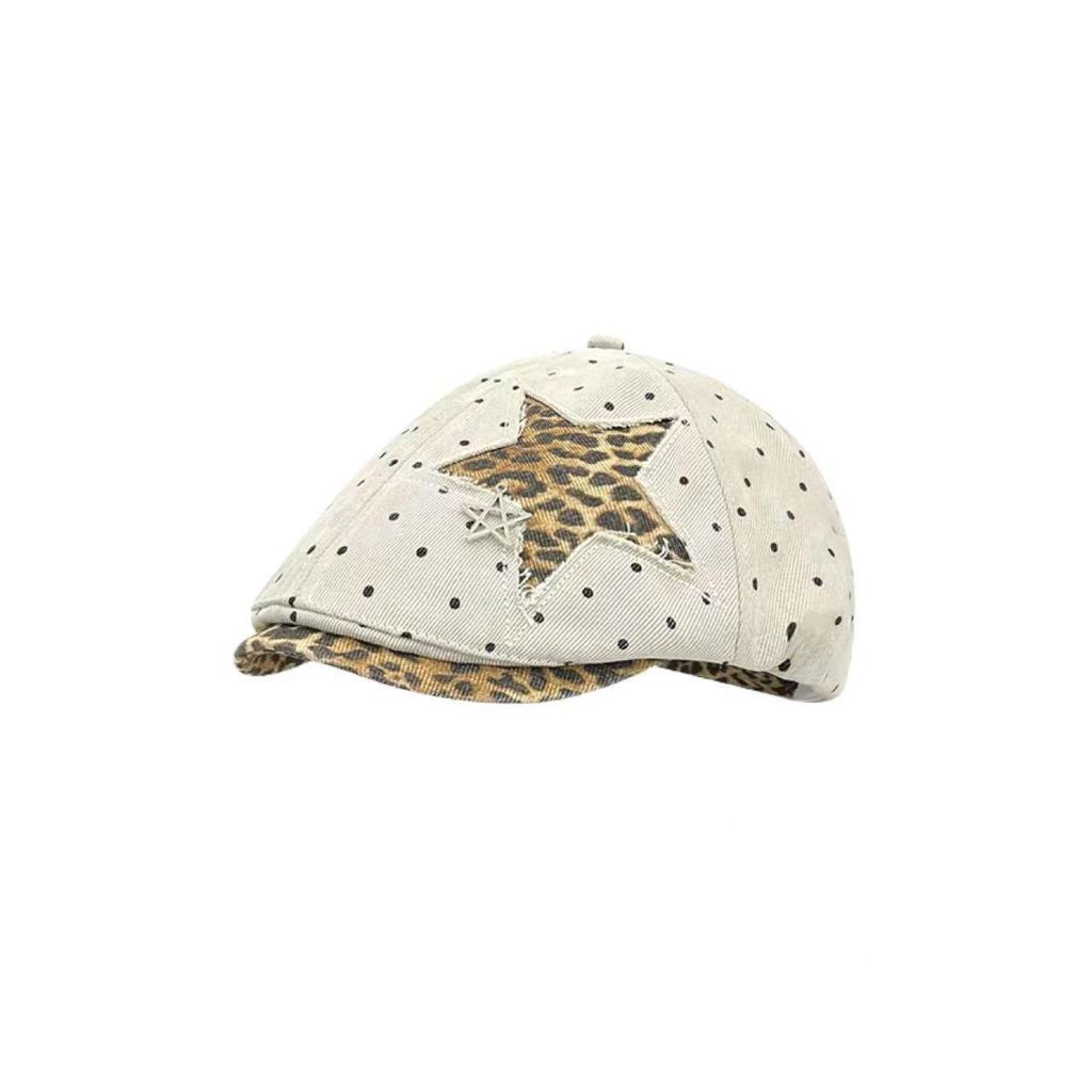 Women's Retro Distressed Denim Painter's Beret with Star Detail