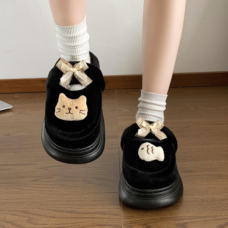 Fashion Cute Cartoon Plush Decoration Indoor Slippers Women 2025 Winter Sweet Bowknot Indoor Slippers Warm Short Plush Bedroom Slides