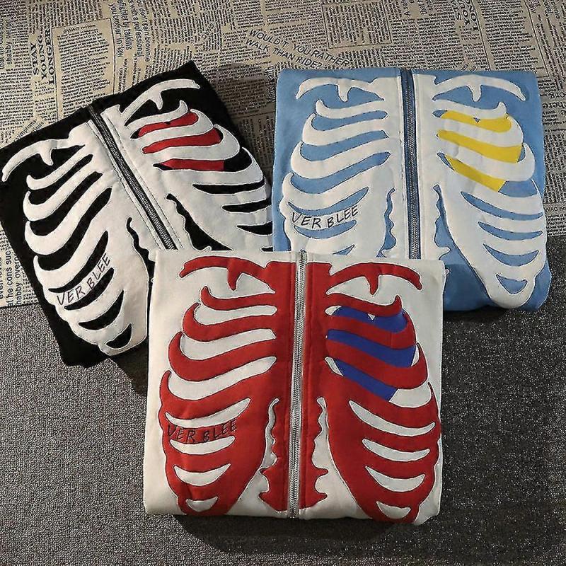 Women's Fashion Skeleton Body Printed Full Zip Hoodie Jacket Ladies Hooded Zipper Sweatshirt Coat Outerwear L