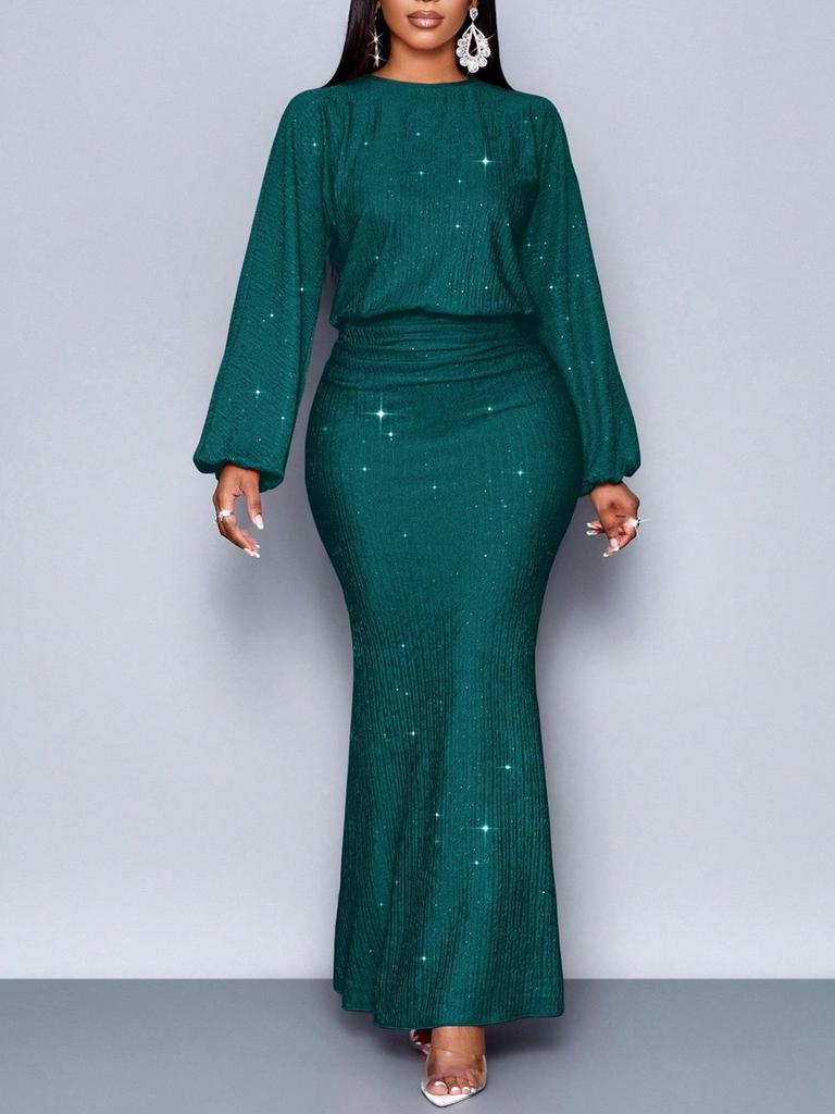 New Style Rhinestone Long Sleeve Fishtail Ruffles Pleated Dress