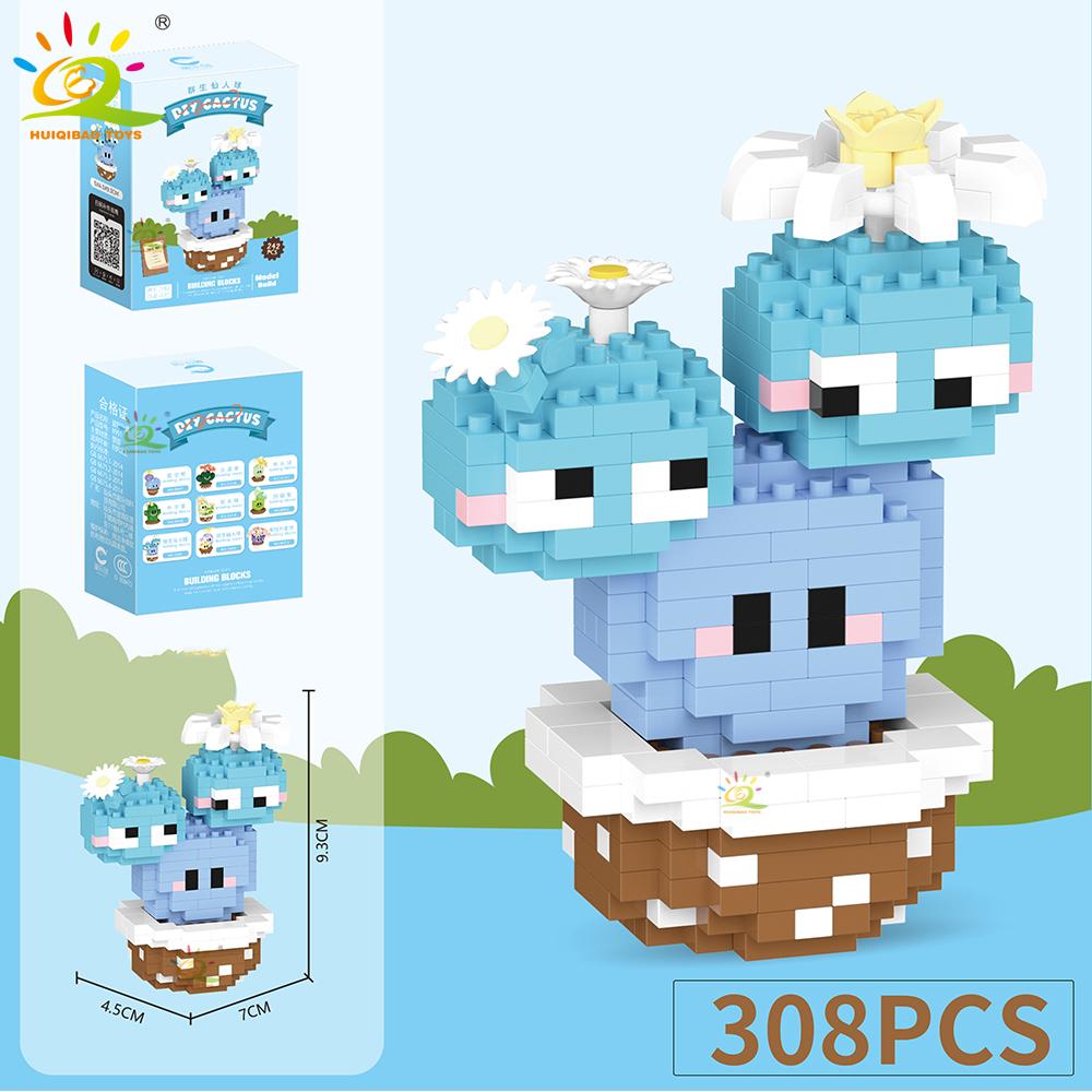HUIQIBAO Mini MOC Cactus Potted Plant Micro Building Block 3D Diamond Flower Desk Decoration Model Brick DIY Toys for Children