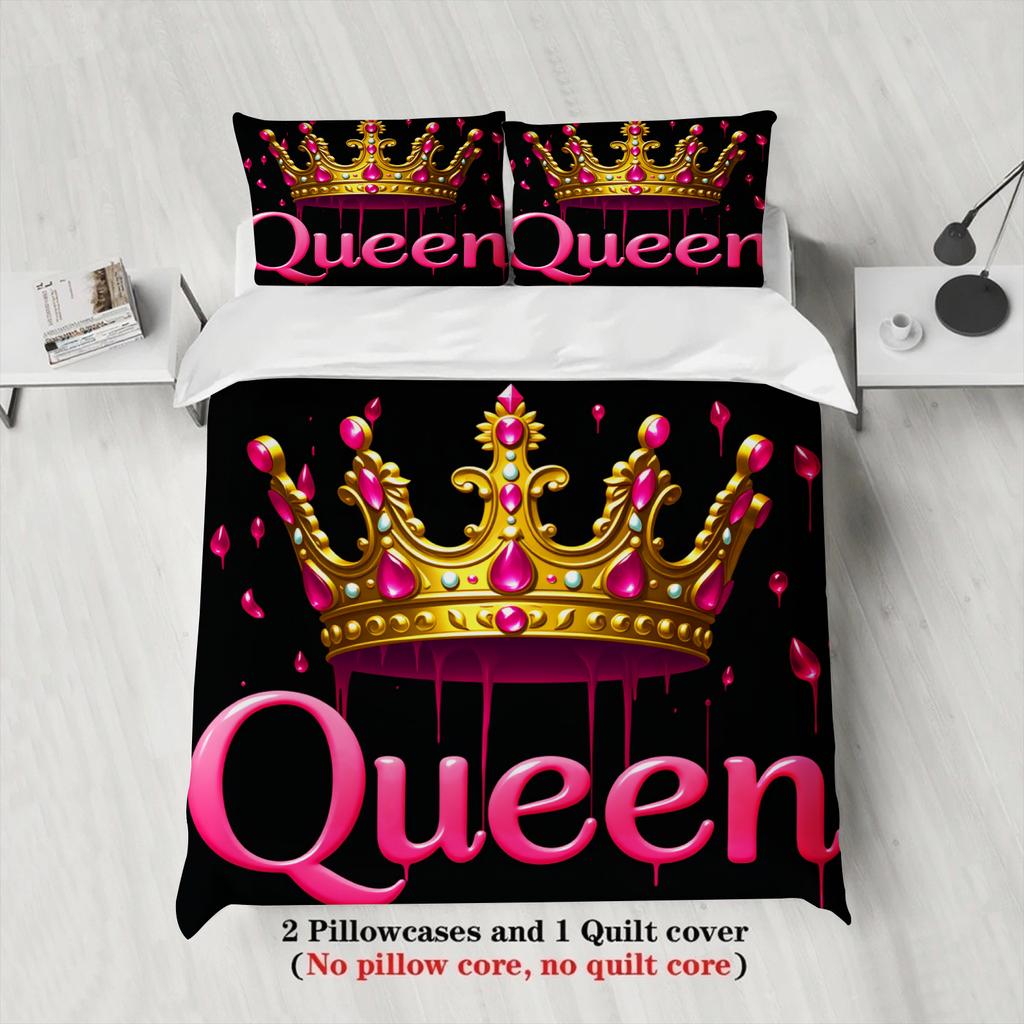 3pcs Black Queen Bedding Set Gifts For Couples Girls 3D Printed Crown Adult Soft Duvet Cover With 2 Pillowcases Bedroom Decor