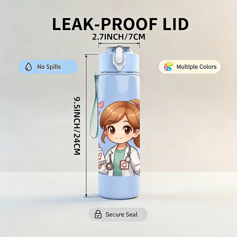 1PC Cute Girl Doctor Cartoon 750ml Color Plastic Sports Water Bottle Leakproof Flip Straw Lid Suitable for Sports Office Home Use