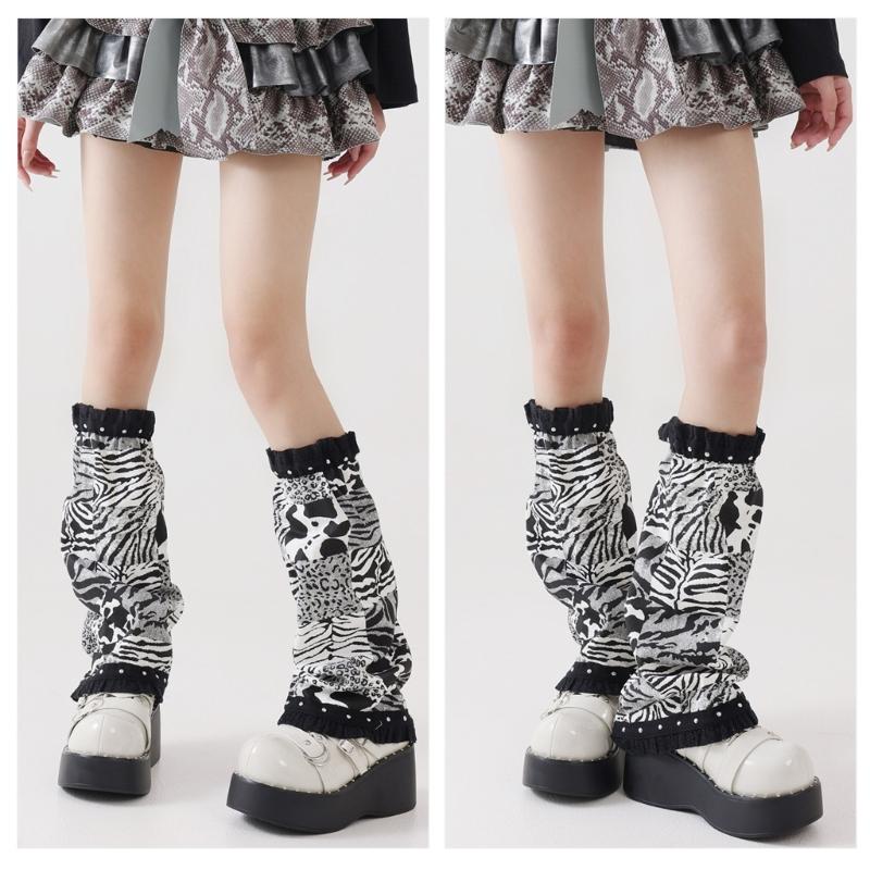 Punk Ruffled Trim Leg Warmers Subcultures Leopard Print Patchwork Denims Leg Cover Baggy Loose Flared Socks for Women