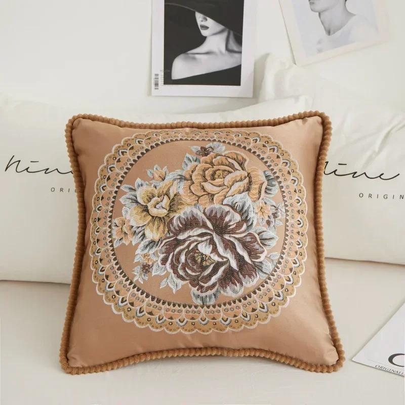 

Embroidered Flower Rolled Edge Nordic Style Cushion Cover Home Living Room Sofa Decoration Pillow Cover for Car Garden Cogines 48x48cm кавовий