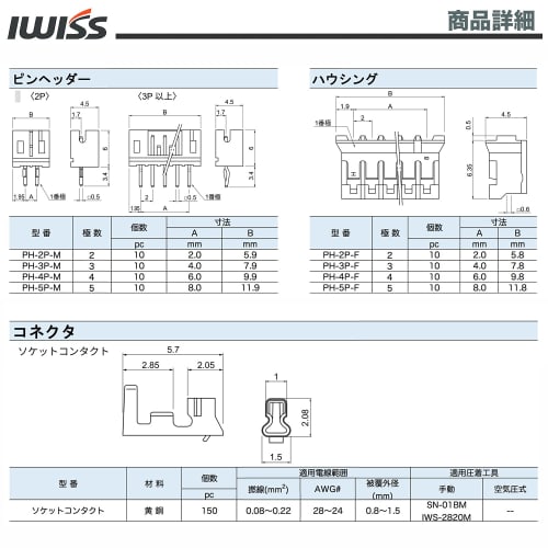 IWISS PH-Type Terminals, 2/3/4/5-Pin Housing Set, Precision Crimping Pliers IWS-2820 + 230KIT