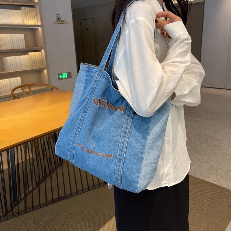 New Casual Denim Bag Women Large Capacity Shoulder Bag Letter Embroidery Denim Tote Bag