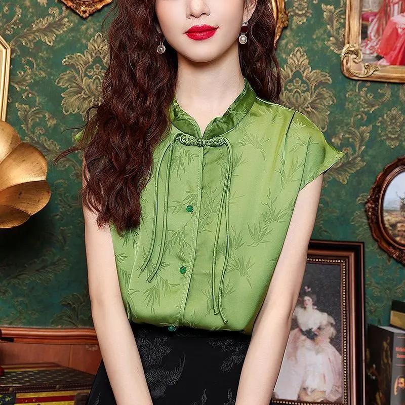 

Летняя женская блузка в стиле ципао без рукавов, с воротником-мандарин, на пуговицах-узлах, жаккардовая M зелёный