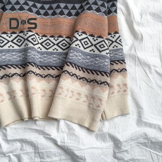 Women Autumn Winter Loose Fit Sweater O Neck Long Sleeve Pullover Tops Striped Print Knitting Jumpers Casual Knitwear