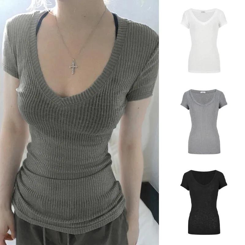 Women Summer Grey Ribbed V Neck Short Sleeve Slim Fit Casual T Shirt