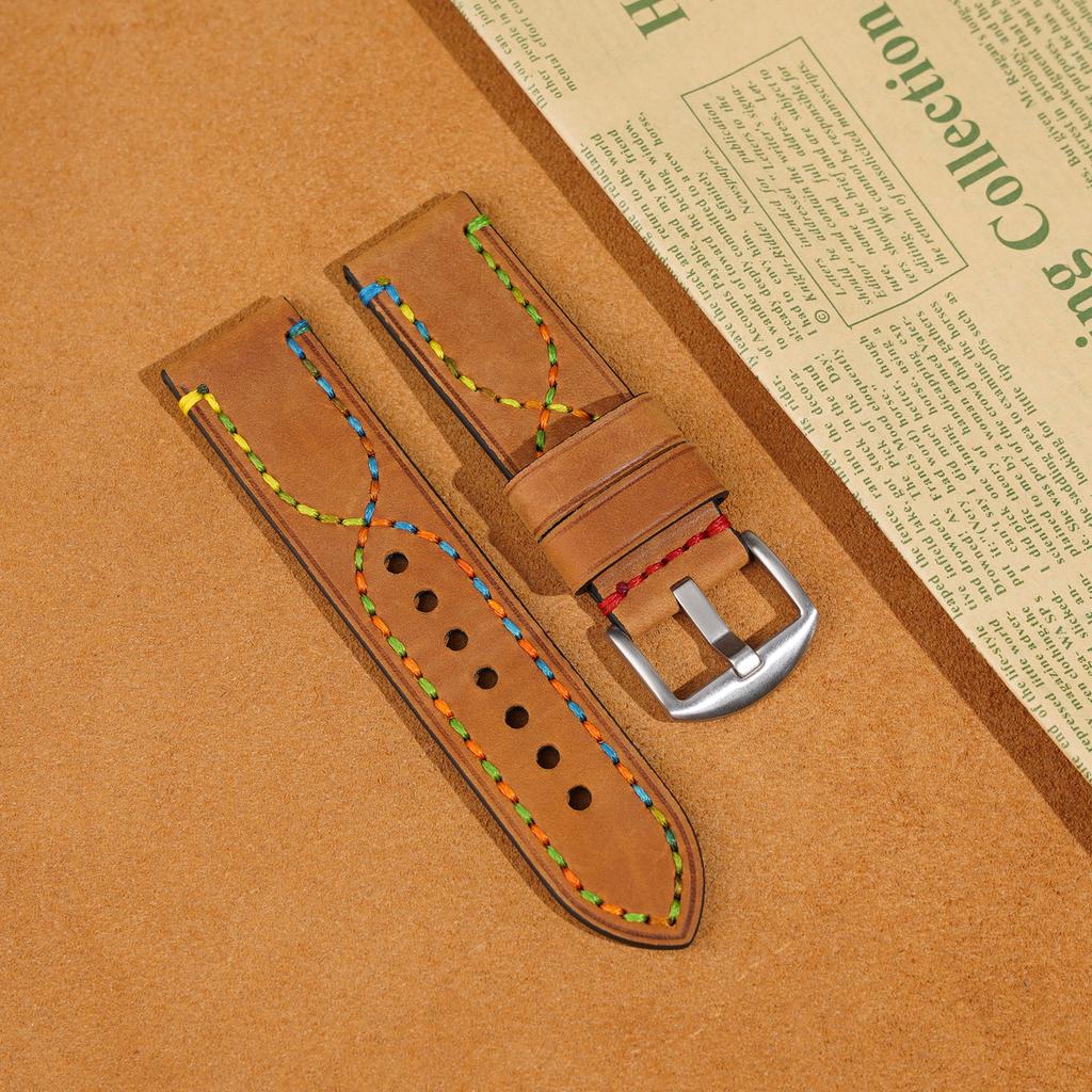 Handmade Color Thread First Layer Crazy Horse Leather Universal Watch Strap Adaptation 18 20 22 24 26mm