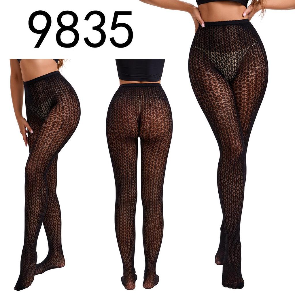 "Black Fishnet Pantyhose with Hollow Suspender Design"