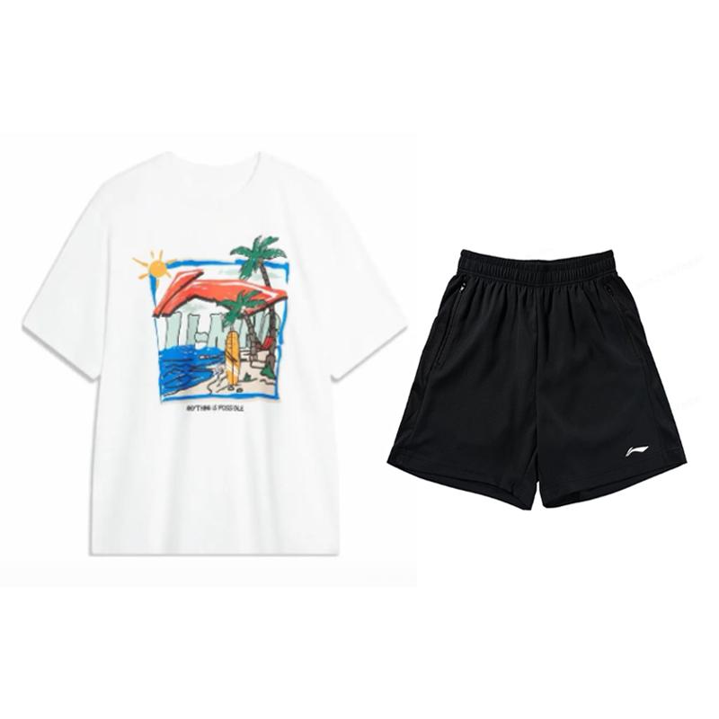 Li-Ning Удобный Свободный Дышащий Повседневный Спортивный Костюм Мужской костюмы Белый Черный AHSU713-2+YATV113-1 S