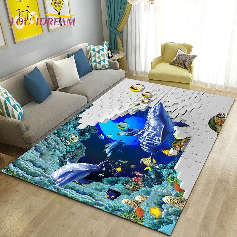 3D-Illusion Unterwasserwelt Meeresboden Delfin Hai Teppich, Teppich für Wohnzimmer Schlafzimmer Sofa Fußmatte Rutschfeste Bodenmatte