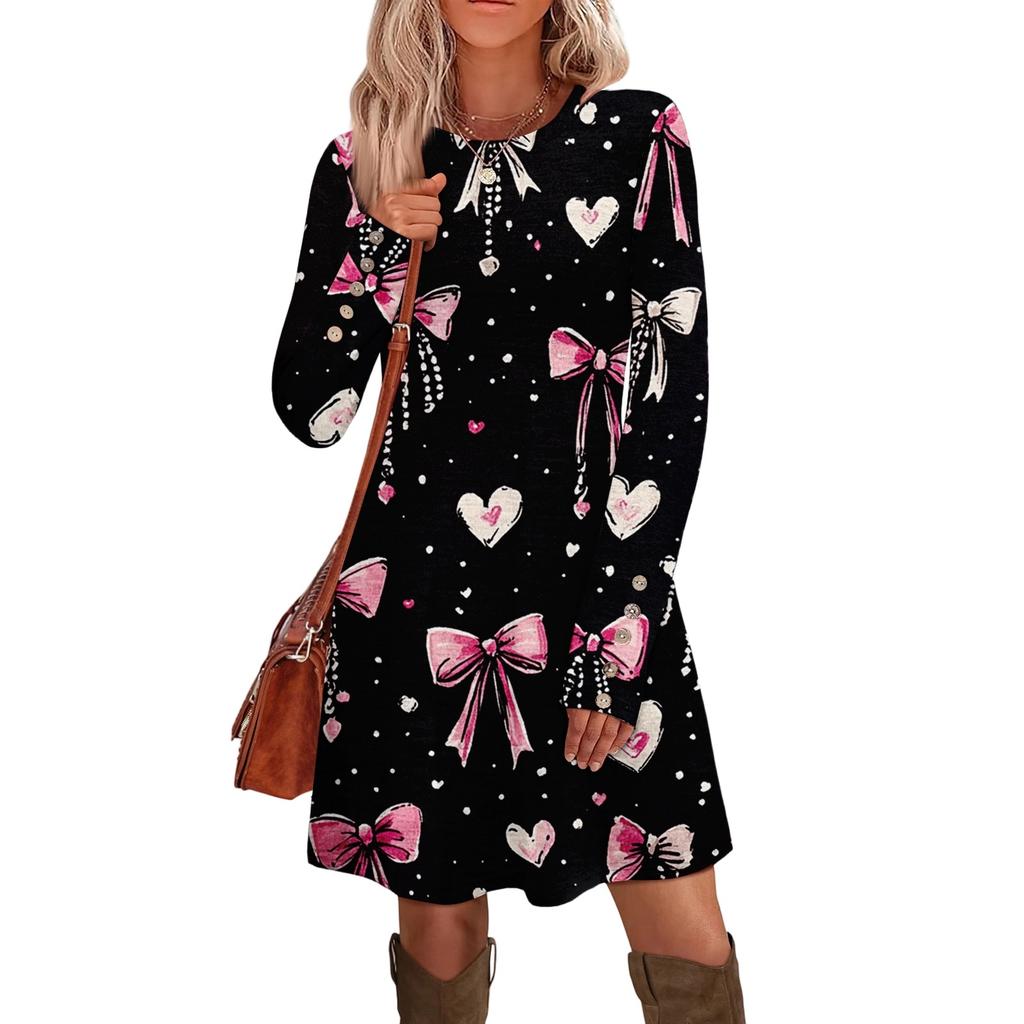 Women's Fashion Casual Pocket Decorative Button Dress Round Neck Long Sleeve Printed Dress
