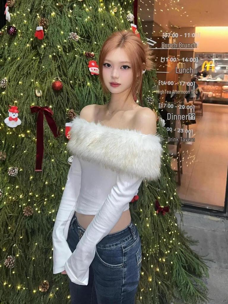 260g Cotton Modal Off-Shoulder Slim-Fit Top with Detachable Fur Collar