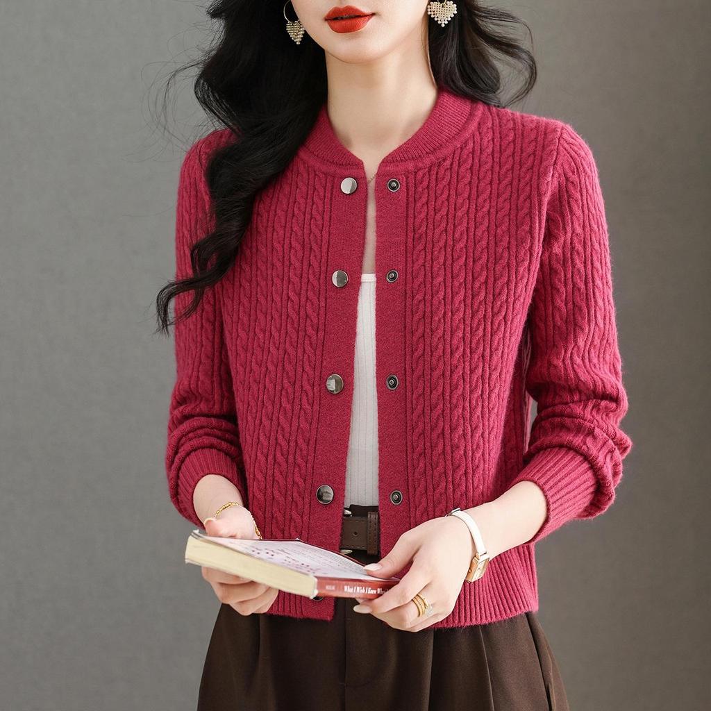 2025 Autumn/Winter Women's Thick Cable Knit Round Neck Cardigan Sweater Coat