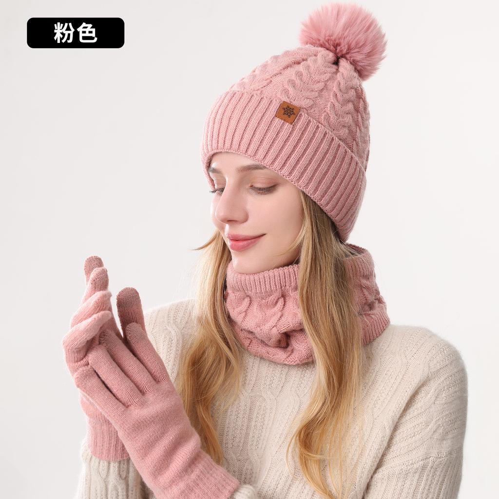 Winter Knitted Hat, Gloves, Hat, Scarf Three-piece Set, Winter Women's Outdoor Riding Double-layer Knitted Scarf