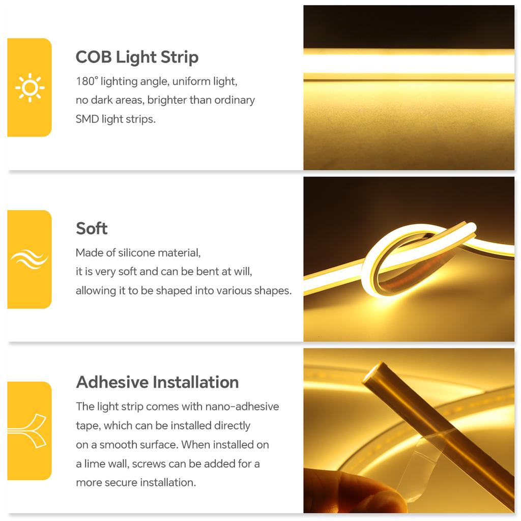 5M 10M 15M 20M COB LED Strip Light Outdoor 220V Neon LED Strip Silicone Waterproof IP65 LED Tape Light 280LED/M for Indoor Outdoor Lighting