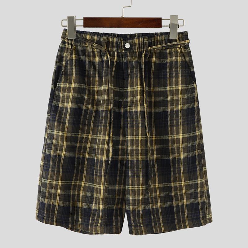 

INCERUN Men Zip-up Elastic Waist Plaid Print Casual Loose Half Pants Capri S