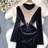 Autumn Winter Luxury Pearls Necklace Velvet Mermaid Dress Women's Stand Long Sleeve Sparkling Sequins Split Wedding Party Robe