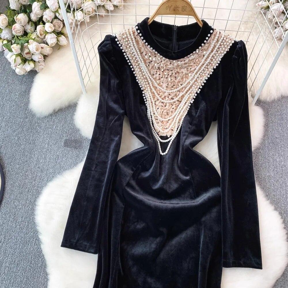 Autumn Winter Luxury Pearls Necklace Velvet Mermaid Dress Women's Stand Long Sleeve Sparkling Sequins Split Wedding Party Robe