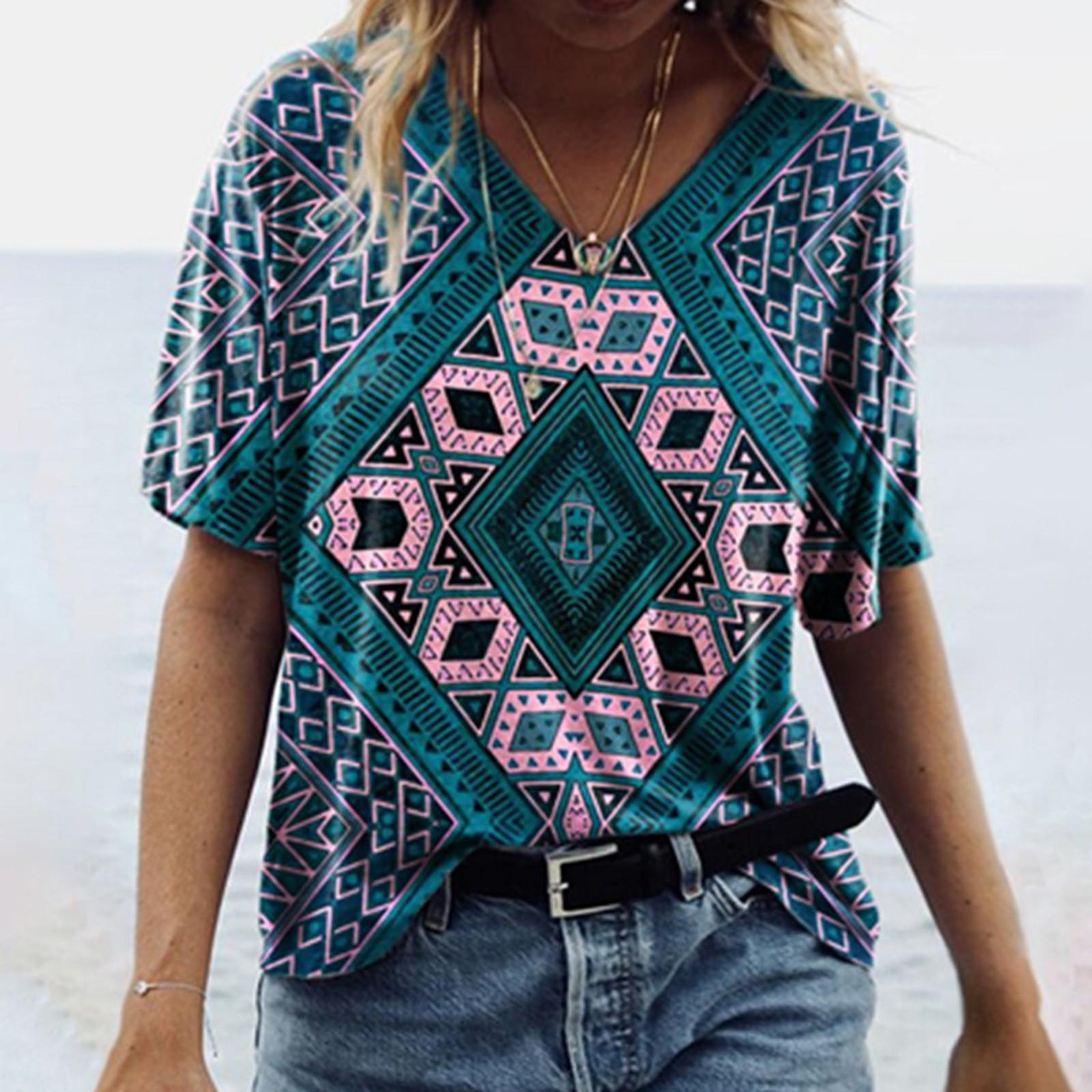 Women Retro Print Tribe Geometric Print V-neck Short-sleeved T-shirt Top Blouses L