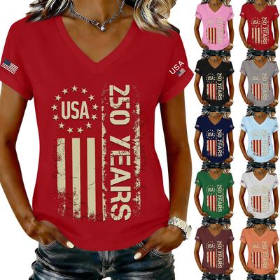 Women's Fashionable V-Neck Casual Retro Print Short Sleeved T-shirt Top
