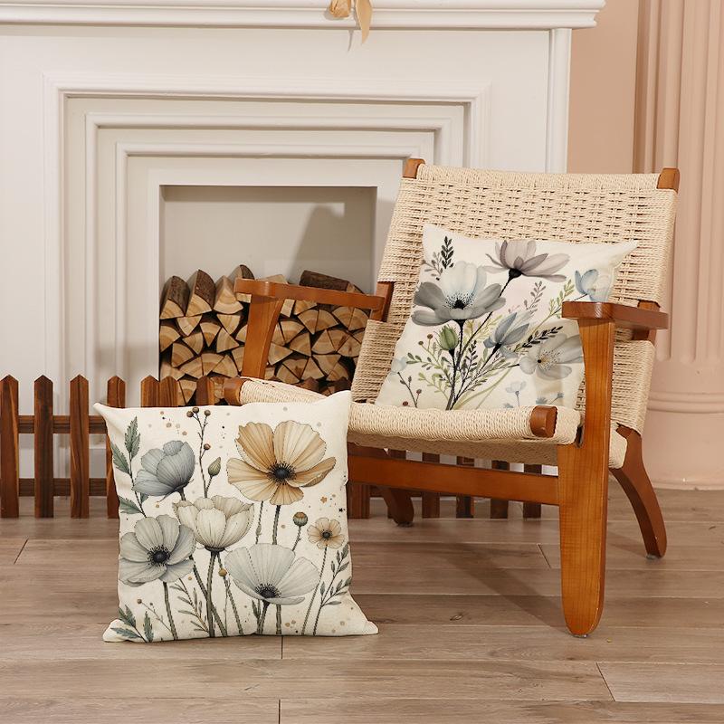 Floral Pillow Cover Chinese Style Watercolor Print Linen Pillow Home Decoration Sofa Cushion Cover