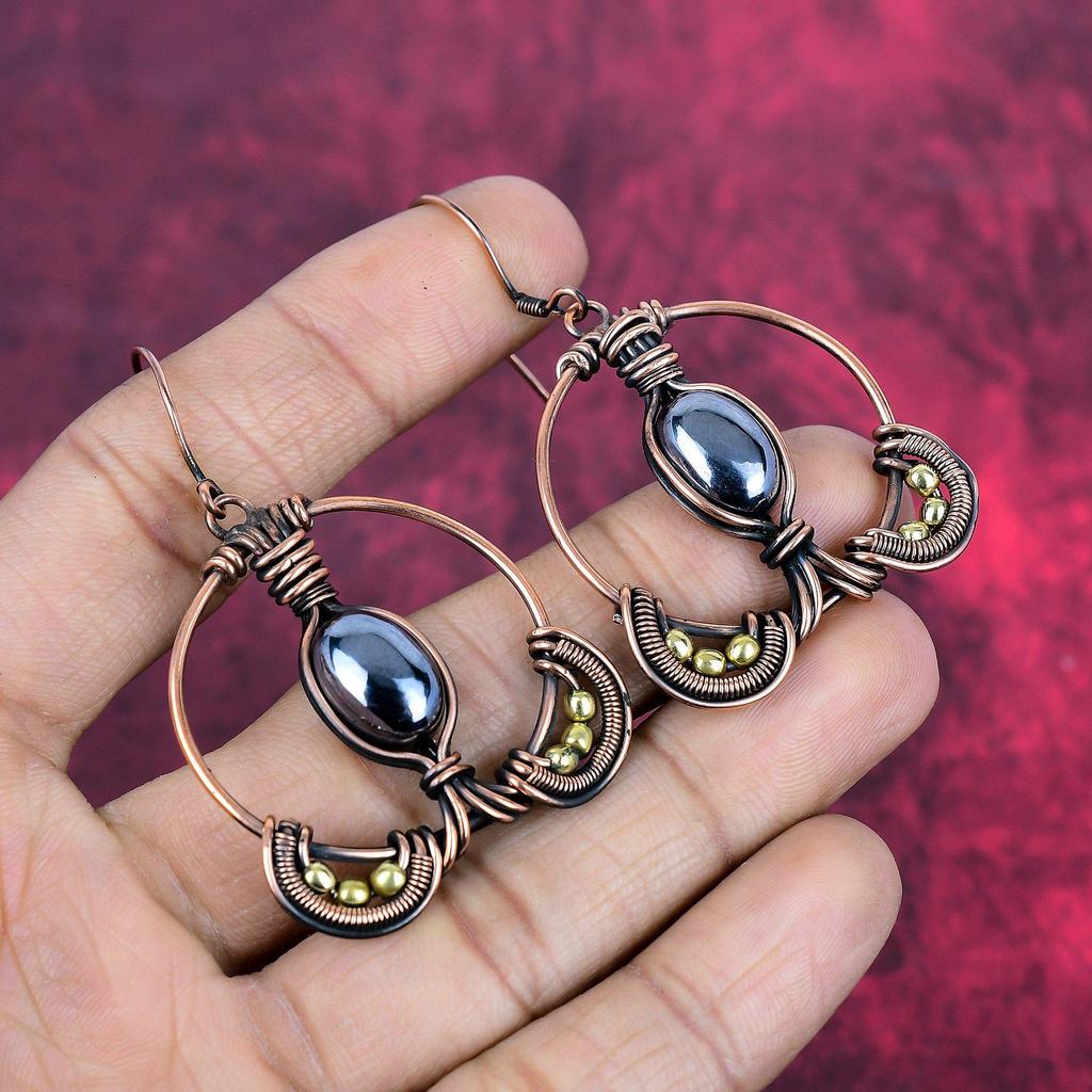 Shungite earring copper wire wrapped earring handmade jewelry natural gemstone earring copper wire wrap jewelry gifts for mom dangle earring