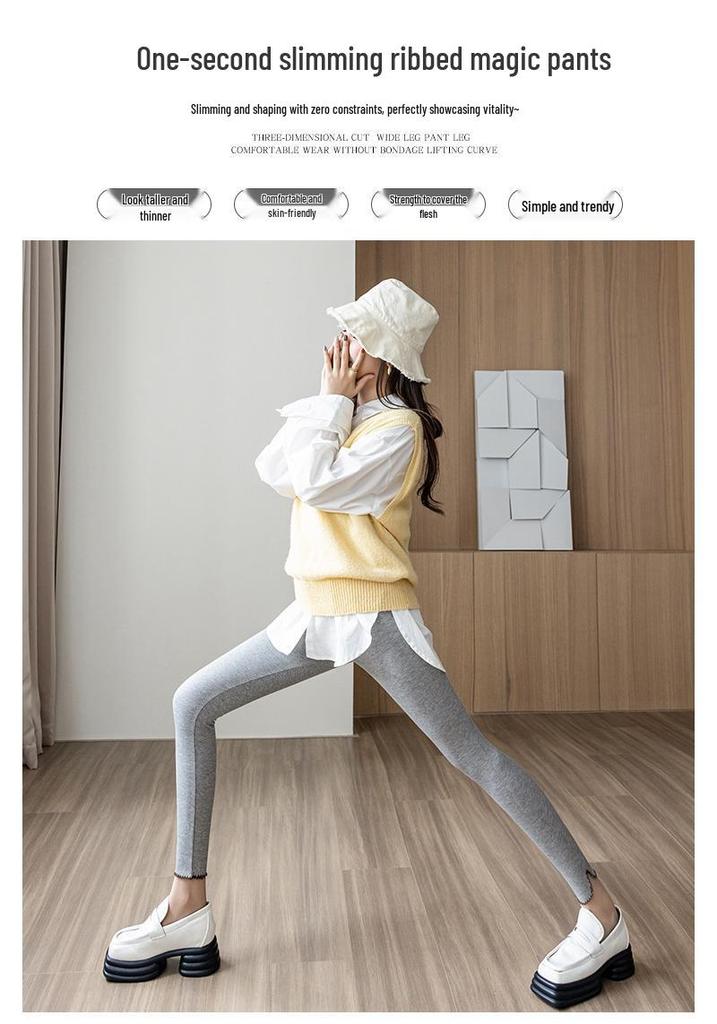 Women's Gray Slimming Elastic Cotton Pants - Nine-Point Length, Tummy Control, Skinny Leg, Suitable for Outdoor Wear.