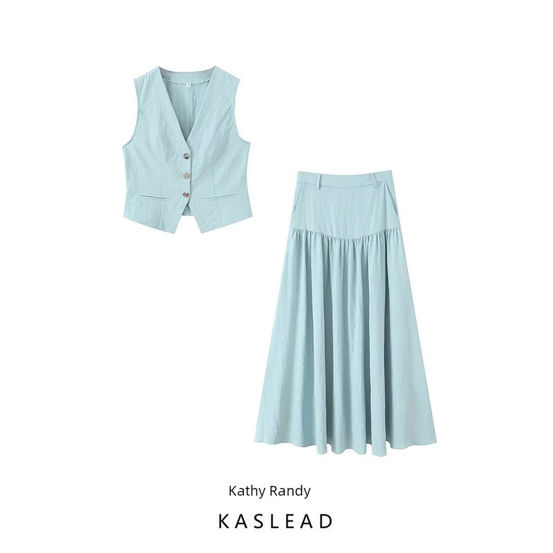 Kaslead New Women Clothes Western Style Fashion Simple Denim-like Fabric Short Vest Long Skirt Set